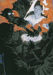 five people casting a spell at a table