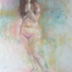 a curly haired nude figure leaning on one leg