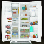 a fully stocked fridge with both doors ajar