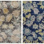 Two floral prints side by side. One is brown, green and yellow, and the other is blue, green, and yellow
