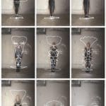 Nine photos of a blurry figure of a woman standing in front of a bare wall with different white illustrations drawn on top in each photo.