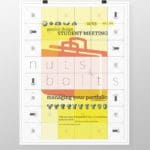 White, yellow and orange gridded poster with various images of nuts, bolts, and suitcases advertising the Graphic Design Student Meeting for Managing your Portfolio