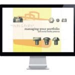 Computer screen displaying a white, yellow and orange gridded poster with various images of nuts, bolts, and suitcases advertising the Graphic Design Student Meeting for Managing your Portfolio