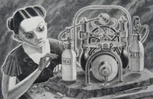 a curious figure investigating a machine
