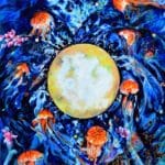 Abstract illustration of orange jellyfish swirling around a yellow moon.