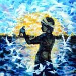 Abstract painting of a child's silhouette holding a fish in front of a su n setting over the ocean. The image is made up of multicolored birds.