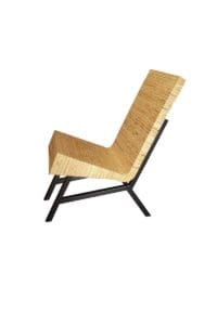 a wooden lounge chair with black square metal tubes for legs