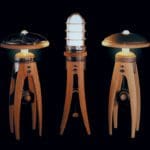 wooden base lamp with four legs and unique shaped lights