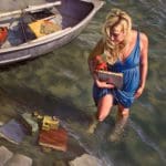 a woman wearing a blue dress knee deep in water