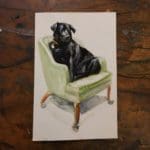 a black dog sitting on a light green sofa chair