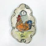 a brown and blue rooster with a exclamation point in a speech bubble