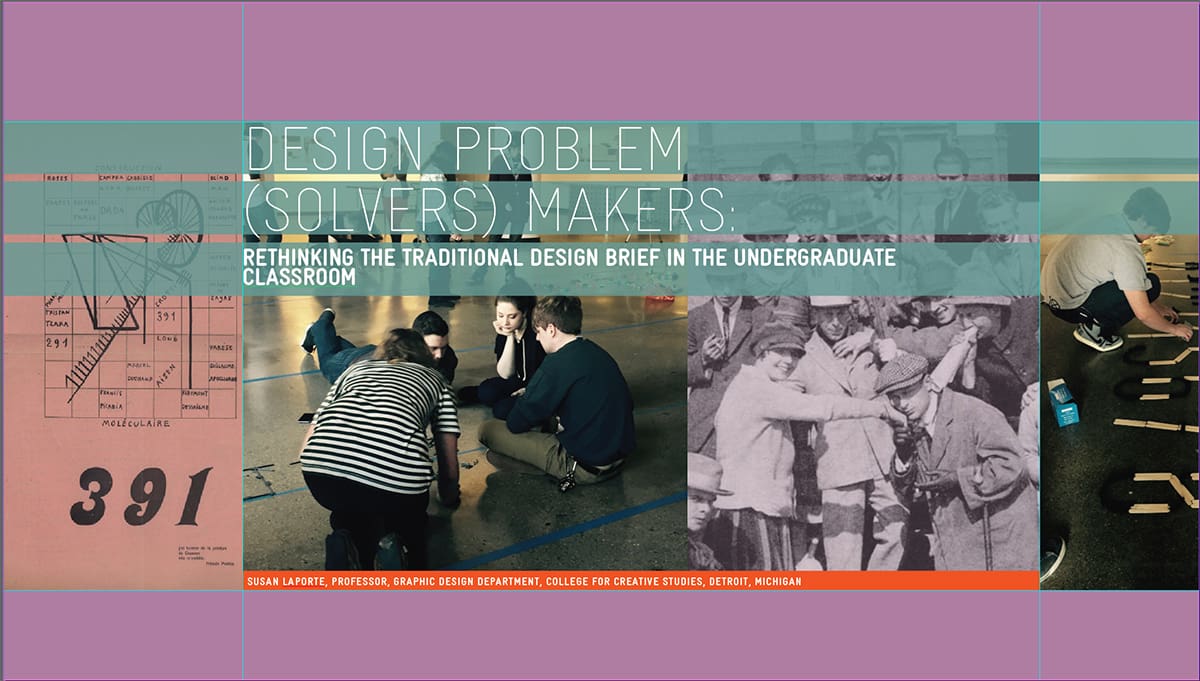 Poster with various photos of students and a title in blue textboxes that says "Design Problem Solvers, Makers"