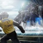 Digital rendering of a worker in a yellow vest running as a gigantic highly technological spacecraft lands in the water